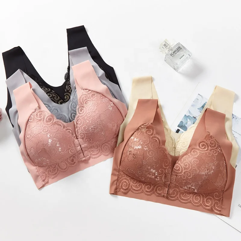 Hot Selling Non Wire Bra Front Buckle Beautiful Back Gather Sexy Lace Large Size Thin Cup Bra for Women