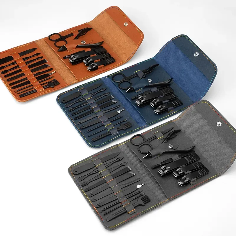 16 Pcs Black Stainless Steel Nail Clipper Cutter Trimmer Grooming Kit Manicure Set Pedicure Toe Nail Art Tools Set Kits