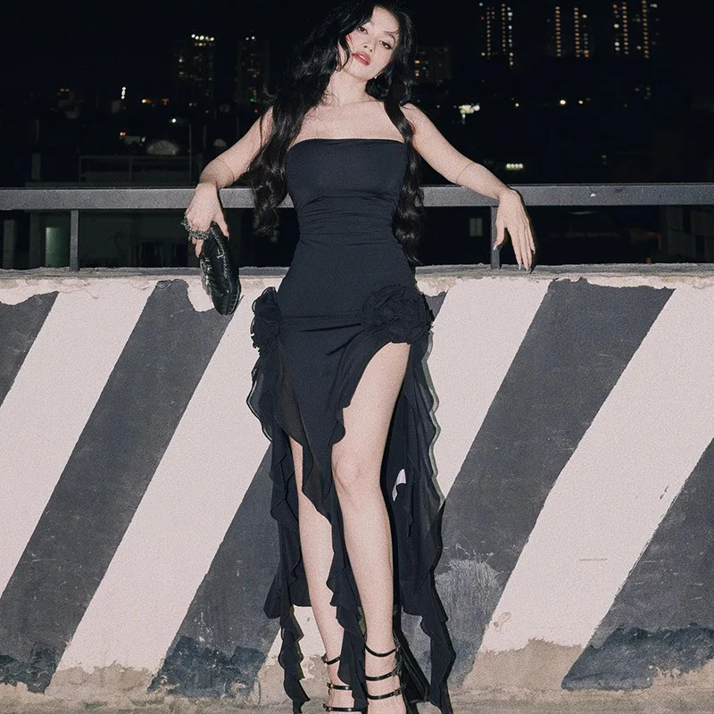 2023 new arrivals women sleeveless strapless ruffles design sexy mesh 3d 3d flowers lace for french wedding dress