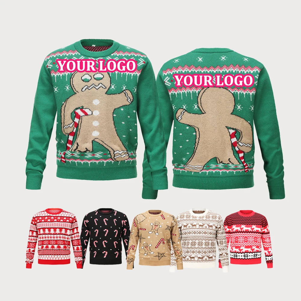 Custom Mens Christmas Sweater Jacquard Knitted Pullover Knitwear Jumper Crew Neck Ugly Christmas Custom Knit Sweater