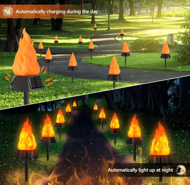 Outdoor solar lamp, flashlight with flashing flame, outdoor camping terrace waterproof LED flame flashlight