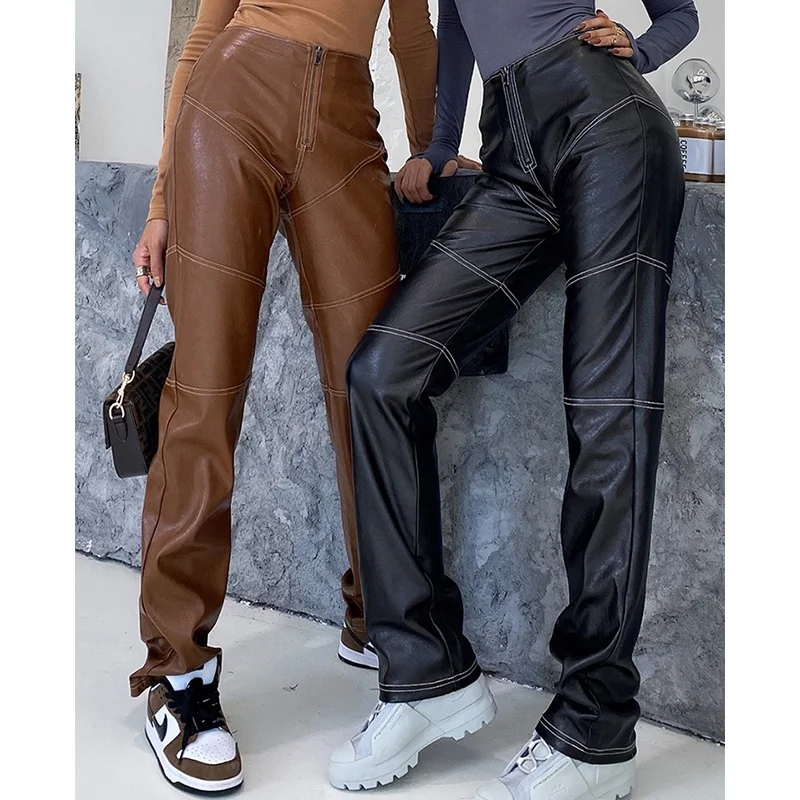 Faux PU Leather Jeans Trousers Ins 2021 New Stylish Quality Brown Black Straight Cargo Patchwork Women Leather Pants