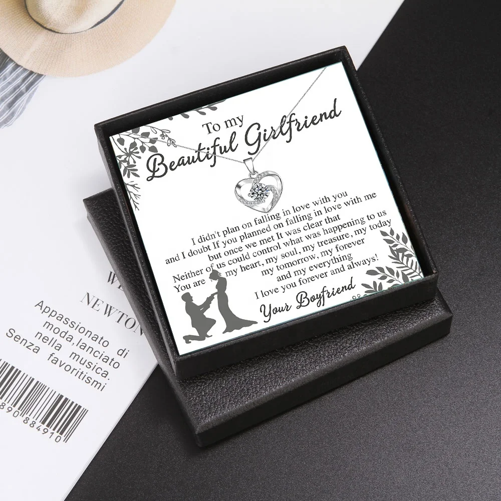 To My Beautiful Girlfriend Forever Sparkling Shiny Diamond Zircon Charms Love Heart Pendant Necklace for Women Jewelry Gifts