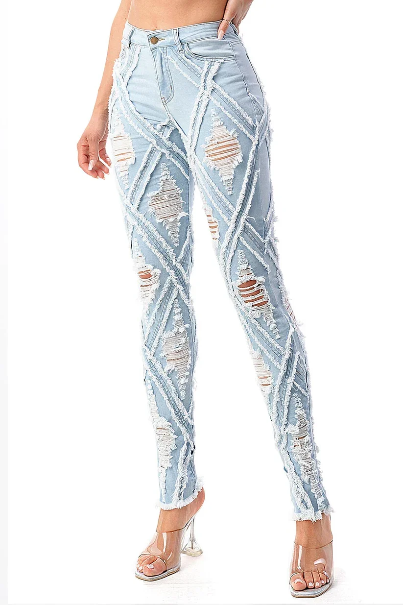 Women Clothing Manufacturer Custom Made High Waist Distressed Denim Tights Slim Fit Trousers Skinny Ripped Jeans for Women