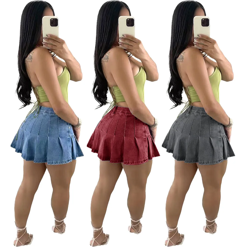 2024 New Short Jean Skirt Wholesale Denim High Waist In Stock Blue Short Skirt Ladies Pleated Skirts