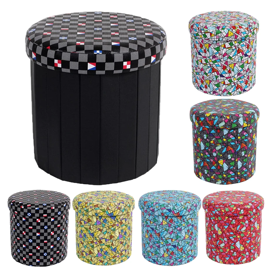Bailey Customized Quality Modern Home living Room Furniture Round Printing Pvc Leather Folding Storage Ottoman