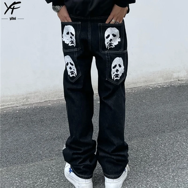 Custom stacked jeans black loose fit Y2K baggy jeans vintage punk hip hop wide leg pants for men