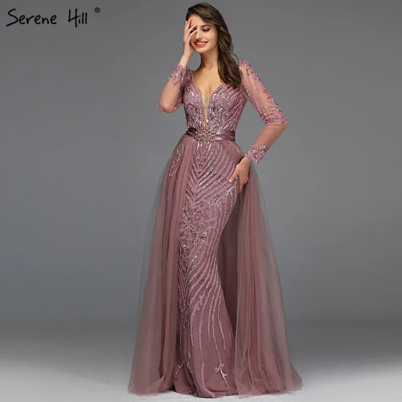 Синие вечерние длинные платья Serene Hill LA60858 с глубоким V-образным вырезом и низкой спинкой бусинами юбкой для женщин большие размеры