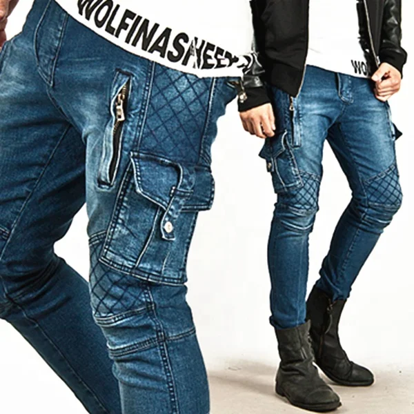 OEM custom name brand jeans wholesale Striking Checkered Pattern Pintuck Accent Button Cargo Blue Denim biker jeans 069