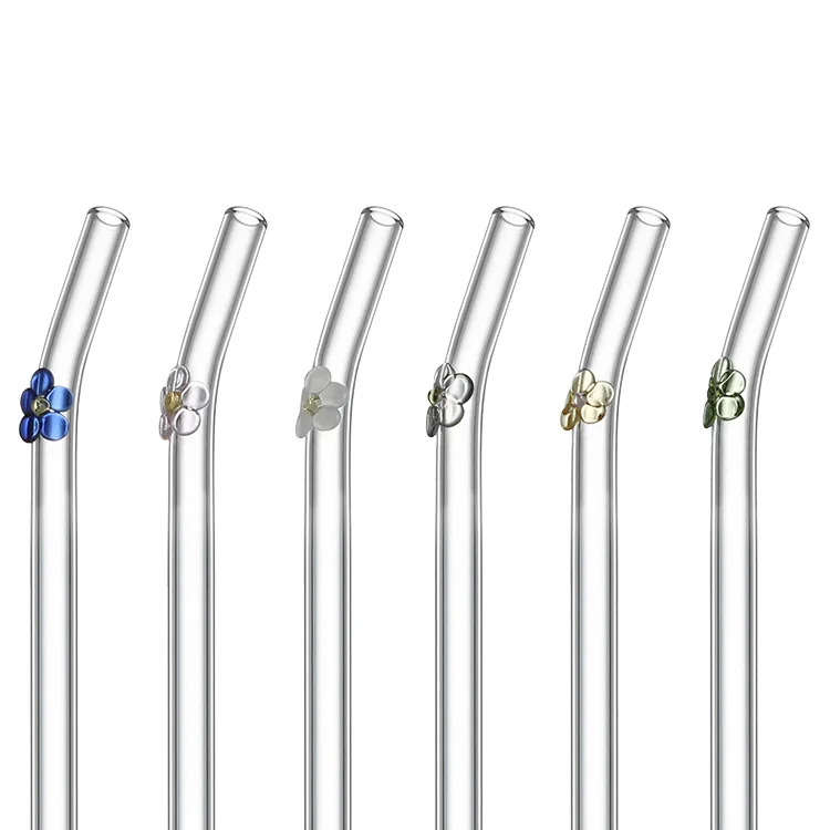 ENTESI Custom Reusable Drinking Clear Bent Straight Flower Shape Glass Paille Anti Wrinkle Straw Straws Charms Set with Design