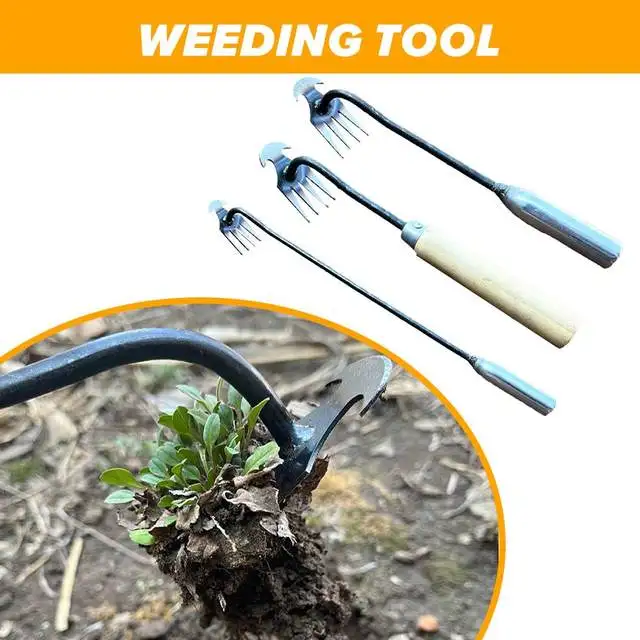 Garden Weeding Artifact Uprooting Weeding Tool Steel Weed Puller 4 Teeth Dual Purpose Weeder Hand Remover Tool