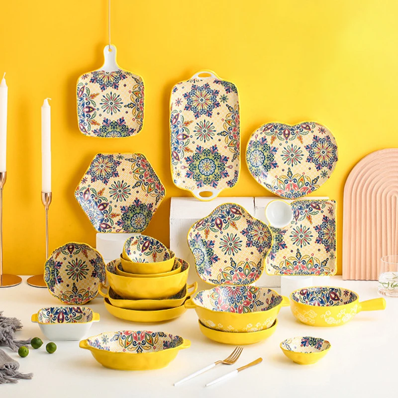 Wholesale Luxury porcelain dinnerware set floral yellow Pattern Ceramic mug saucer dish Tableware for Dinning