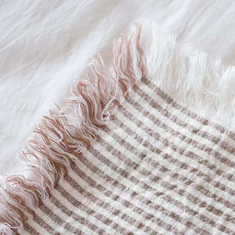 100% flax linen throw blanket pillow covers towel picnic waffle double side handmade fringed washed striped natural for baby bed