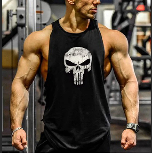 
Оптовая продажа изготовленным на заказ логосом летние мужские череп из набивной ткани, с тренажерного зала фитнес Облегающая майка 