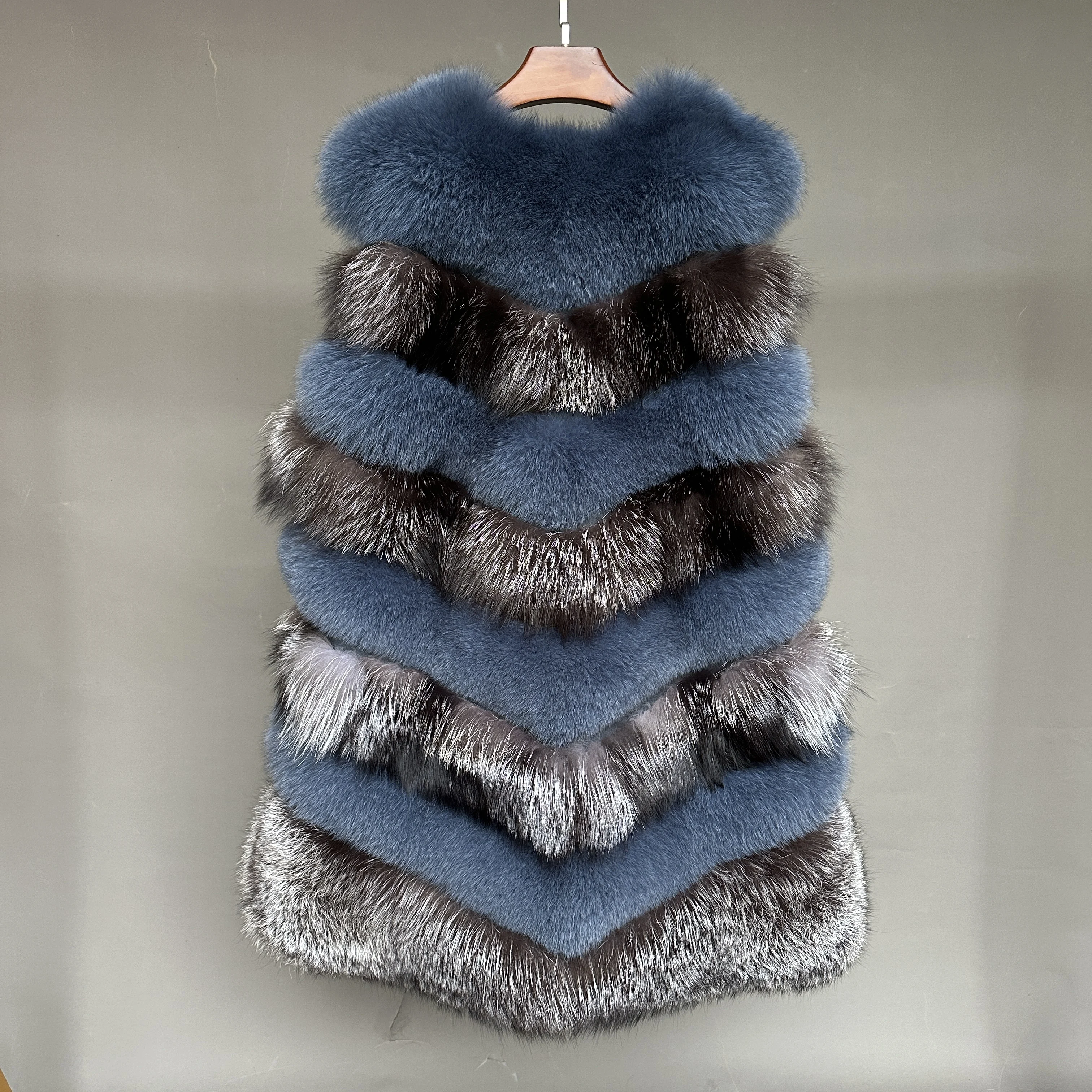 Multicolor Genuine Fur Stitching Vest Female Striped Silver Fox Fur Long Vest Women Winter Real Fur Gilet