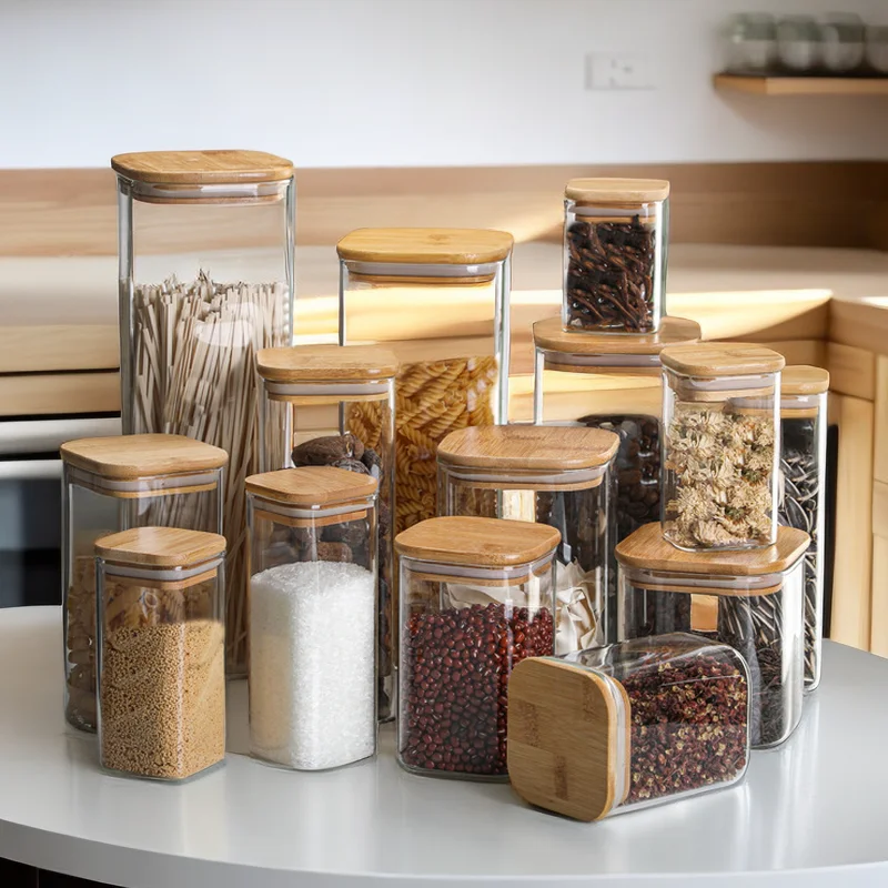 Square High Borosilicate Kitchen Glass Storage Jar Food Coffee Spices Herb Container Bottles Jar With Bamboo Wooden Lid