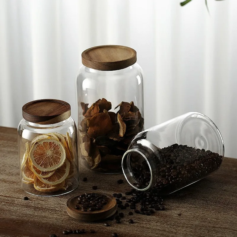 Wholesale High Capacity Custom Clear Glass Food Spice Candy Coffee Storage Jar Containers With Acacia Lid