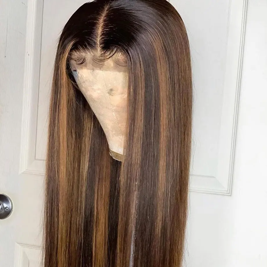 Highlight Peruvian straight 150% Lace Closure Front Wig hd transparent 360 lace frontal Human Hair Wigs for Women   Ombre Brown