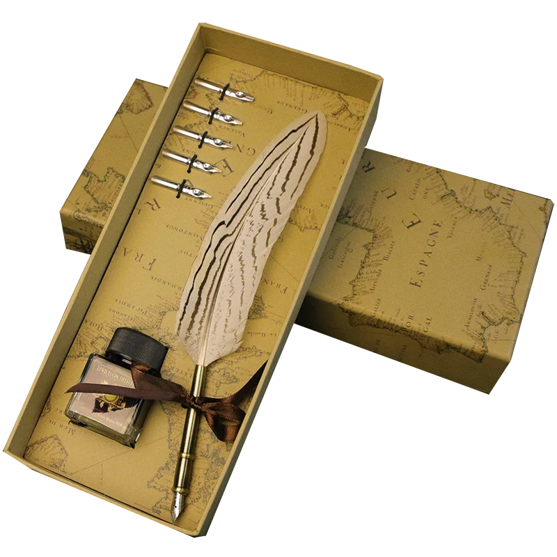 Gold Calligraphy Pen Vintage Antique Feather Pen Set