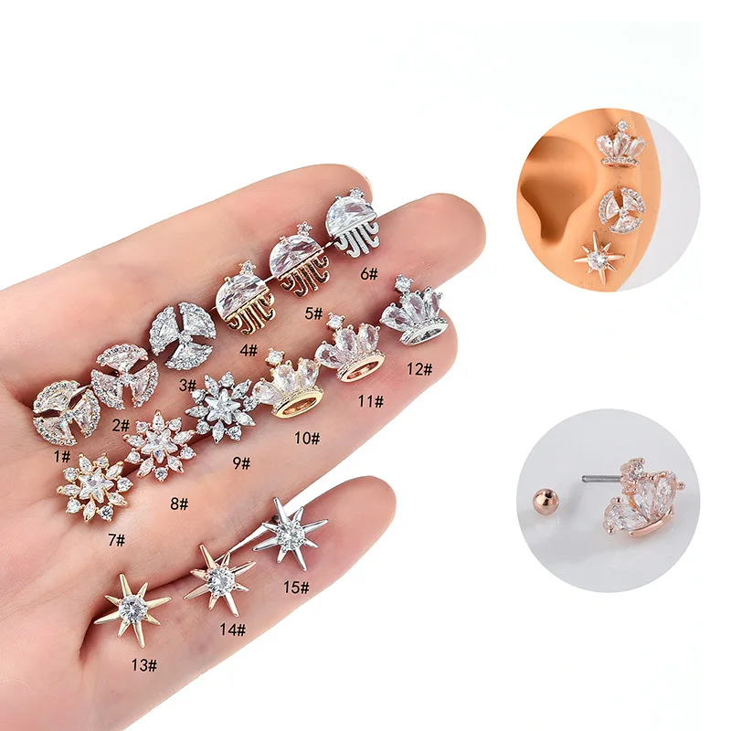 Korea Style CZ Flower Tragus Cartilag Lobe Earrings Barbell Ear Stud Helix Piercing Jewelry