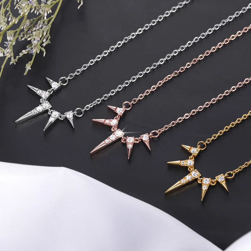 Trendy 18K Gold Plated Stainless Steel Chain Conical Rivet Pendant Necklace Jewelry