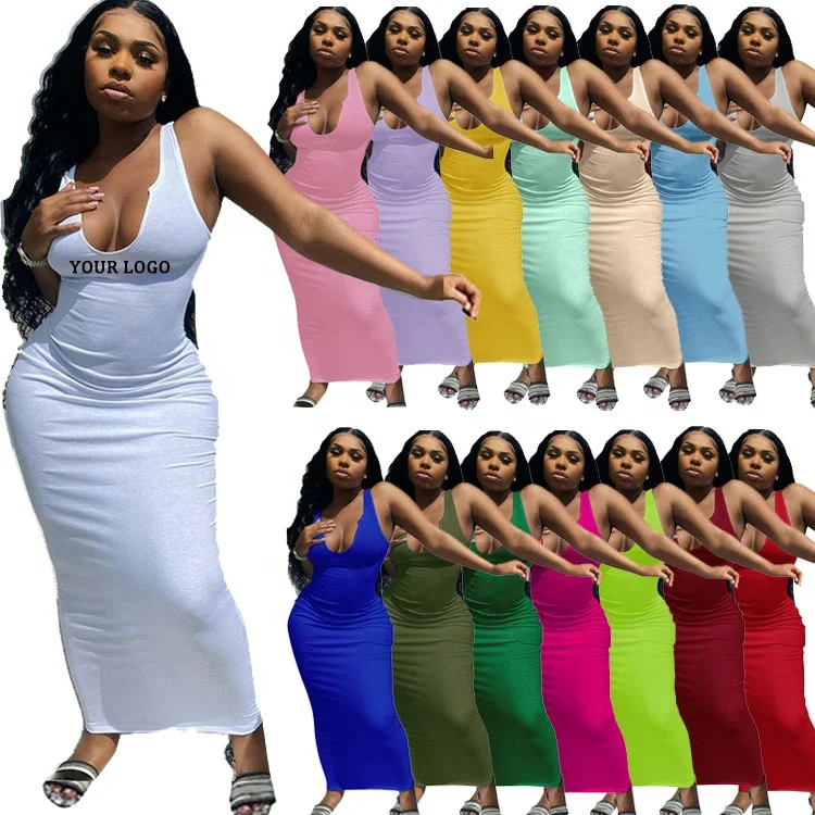 
Custom Sexy V Neck Fashion Womens Clothing 2021 Wholesale Wrap Rib Skirt Long Solid Color Plus Size Club Dress Casual Summer 