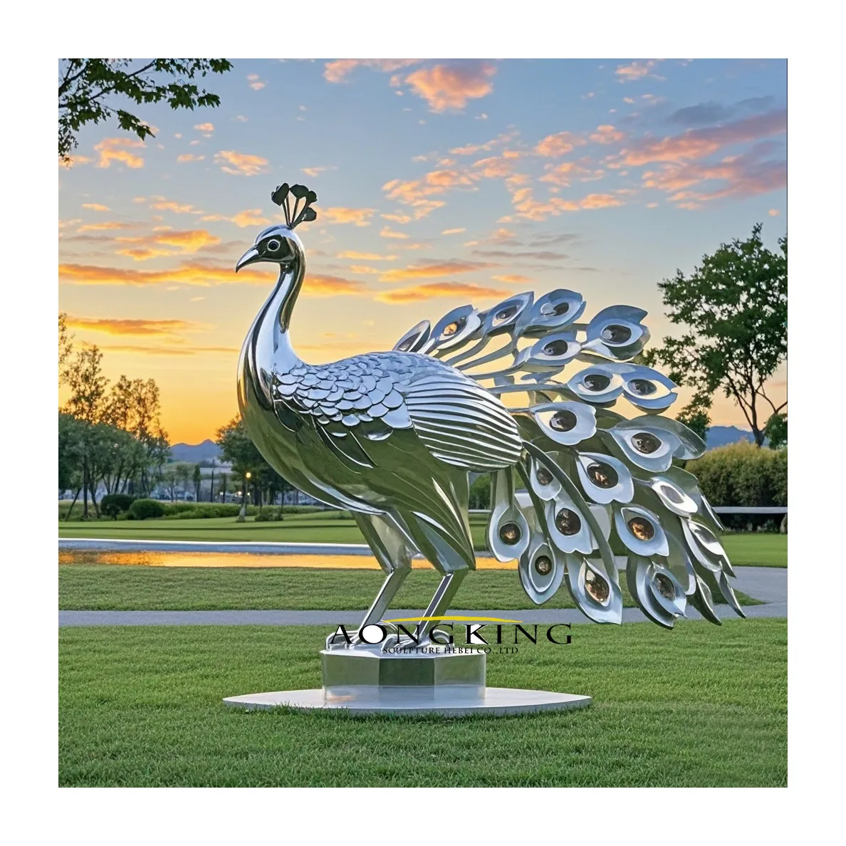Life size zoo decor metal animal statue high quality stainless steel peacock sculpture