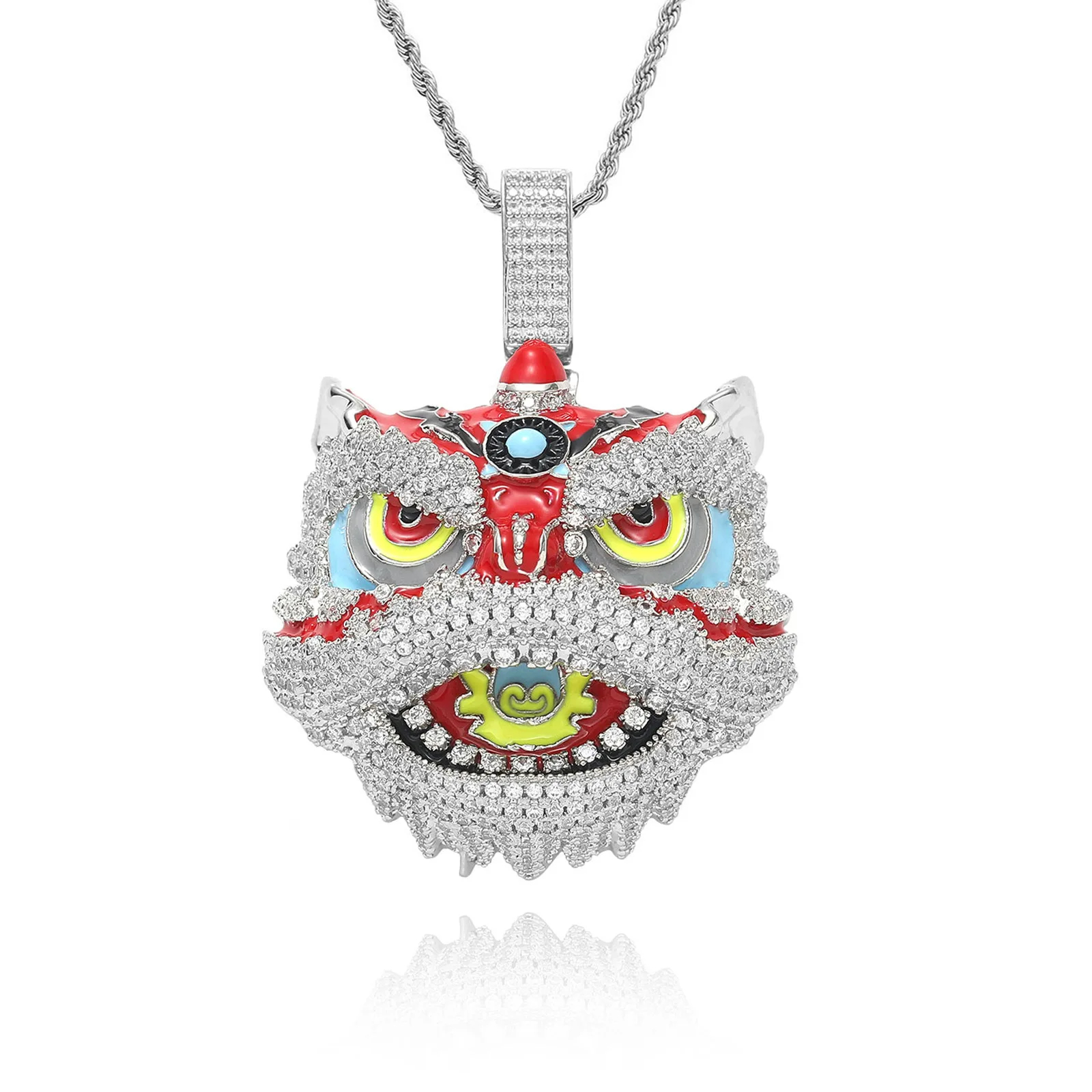 Chinese Traditional Cultural Beast Dancing Lion Head Character Pendant Iced Out CZ Colorful Enamel Charms Fashion Man Jewelry