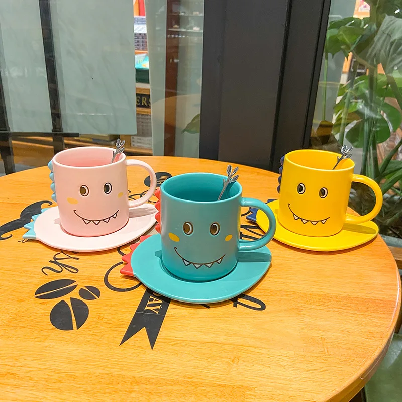 Cartoon cute dinosaur children ceramic cup and saucer set small fresh breakfast couple cup funny expression mug