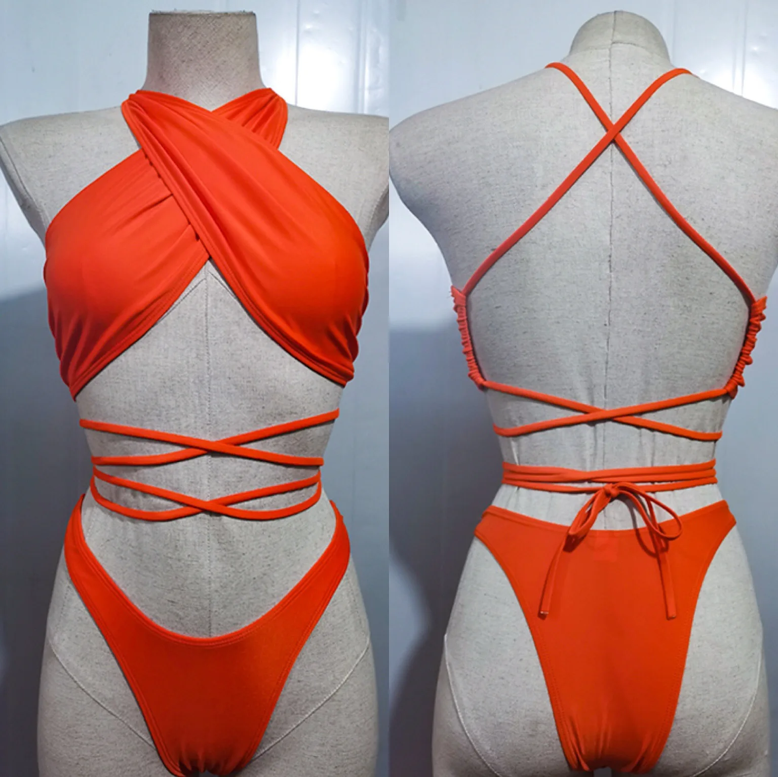 2022 Silver Fluorescent Green Orange Front String Tie Cross T Style Bikini Set Swimsuit Swimwear Two Piece Bathing Suit Halter
