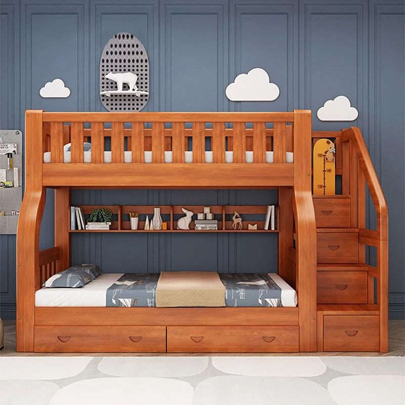 Cheap Girls Adults Solid Wood Frame Double Children Bed King Size Modern Bedroom Furniture Kids Bunk Bed With Slide And Stairs