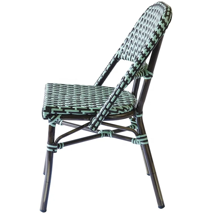 Modern French Patio Cafe Wicker Dining Furniture Outdoor Garden Aluminum Green Restaurant Rattan Bistro Chair