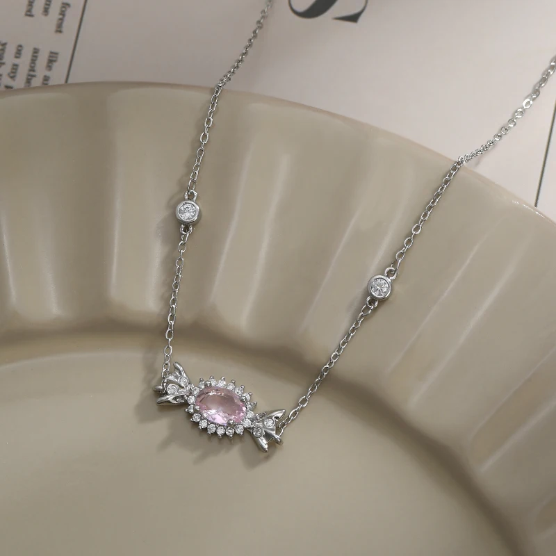 xl63718 Genuine Gold Electroplated Zircon Set Clavicle Chain, Sweet and Fashionable Pink Zircon Candy Necklace for Women