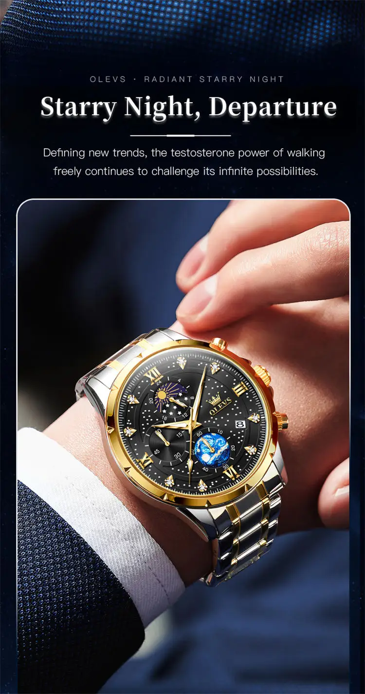 OLEVS 9807 special custom brand  gents quartz watch original Stainless steel band Luminous Chrono stars sun Casual hand watch