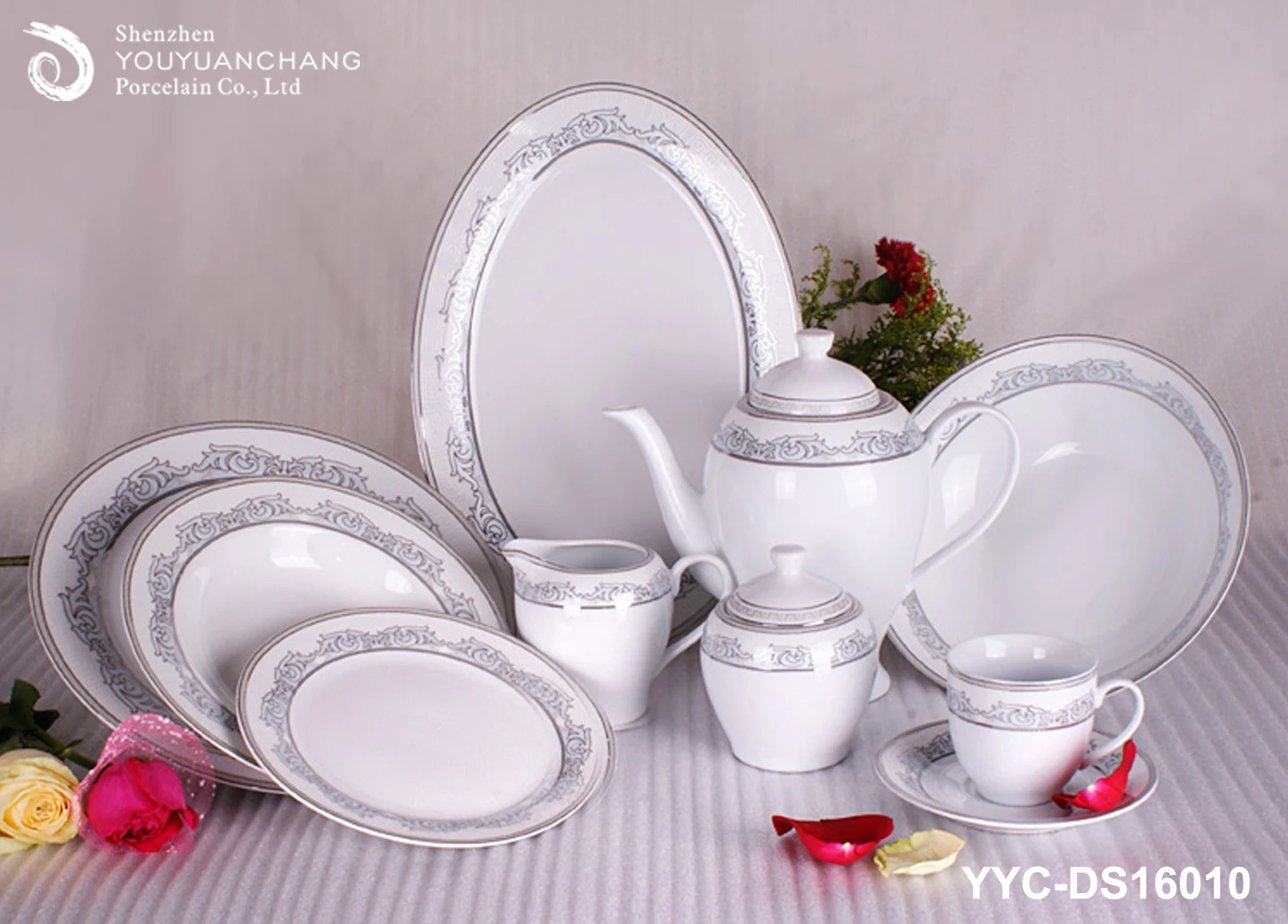 
Super white fine porcelain dinnerware set with silver butterfly design 