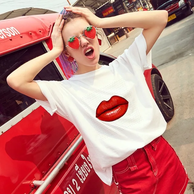 
Women O-Neck Short Sleeve Top Tee Red Lips Printed T Shirts 