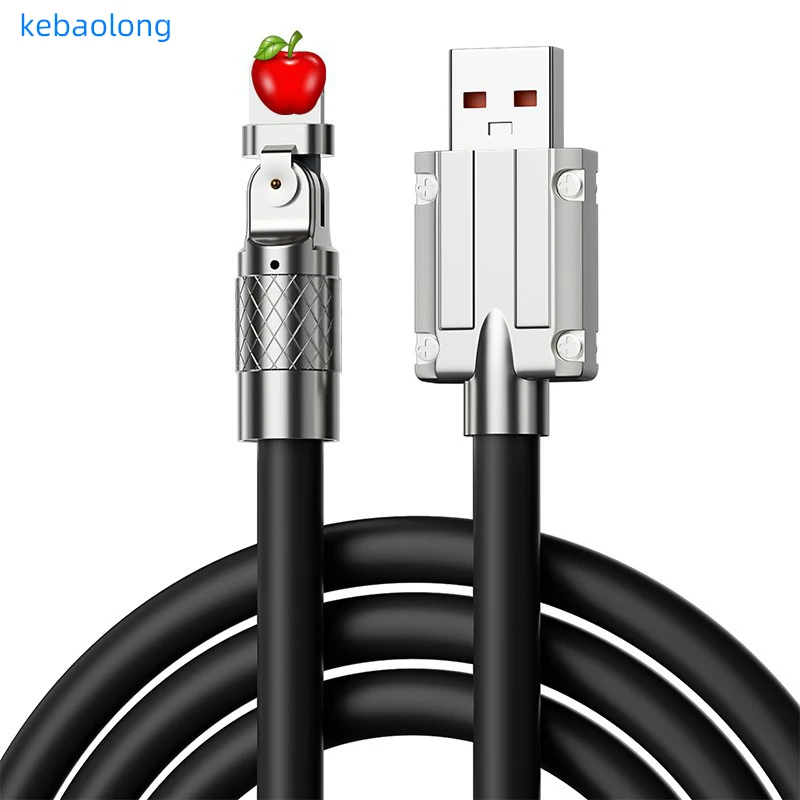 120W elbow super fast charging 6A zinc alloy data cable can rotate with light thick flash charger passenger charging cable