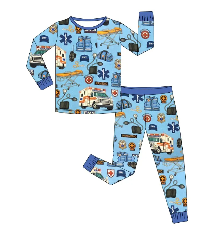 new arrive baby boy girls bamboo pajamas newborn kids milk silk ambulance printing 2 piece nightwear children bamboo jammies