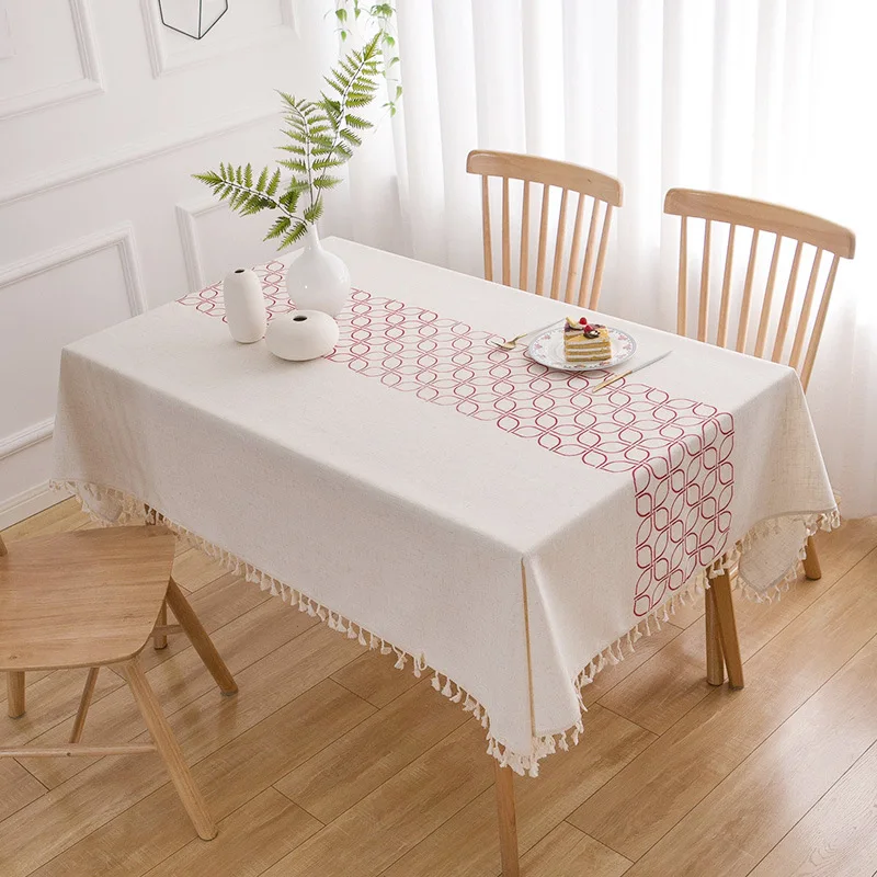 Beautiful Modern table cloths faux cotton linen wholesale leaves Embroidered table cover waterproof linen tablecloth with tassel