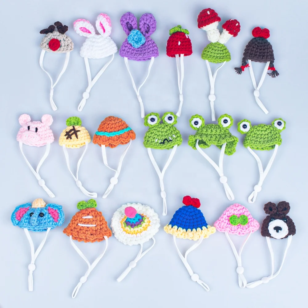 Hamster Hat Mini Small Animals Hat with Adjustable Strap Lovely Hand Knitted Frog Rainbow Carrot Tiny Hats