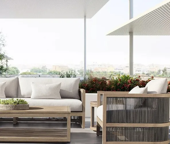 High Ending Nordic Garden Teak Sofa Set Outdoor Villa Resort Hotel Woven Rope Sofa Lounge Chair