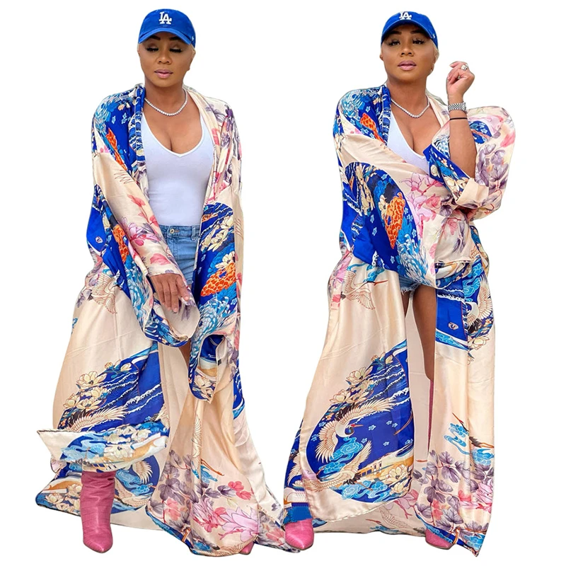 korean women female printed chiffon satin silk tropical beach long cover ups cardigan kimono style ladies women bohemian dresses