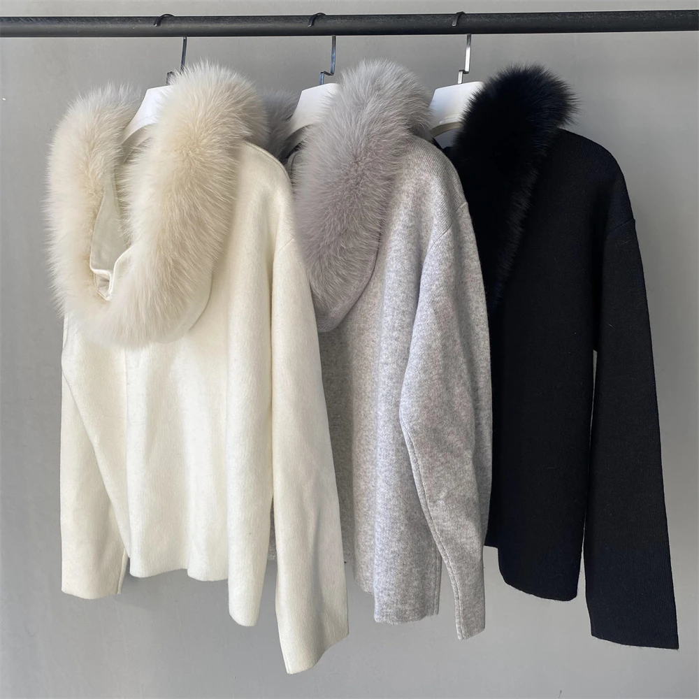 Fall Outfits Luxury Real Fur Collar Hooded Cardigan Long Wide Leg Pants Custom Winter Soft Wool Knit 2 Piece Sweater Set Women