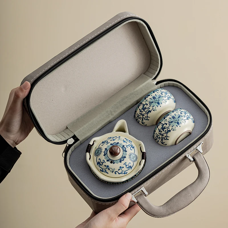 Chinese Ru Kiln Blue White Ceramic Tea Set Portable Travel Tea Infuser Teapot Cup with Tray for Coffee or Gifts