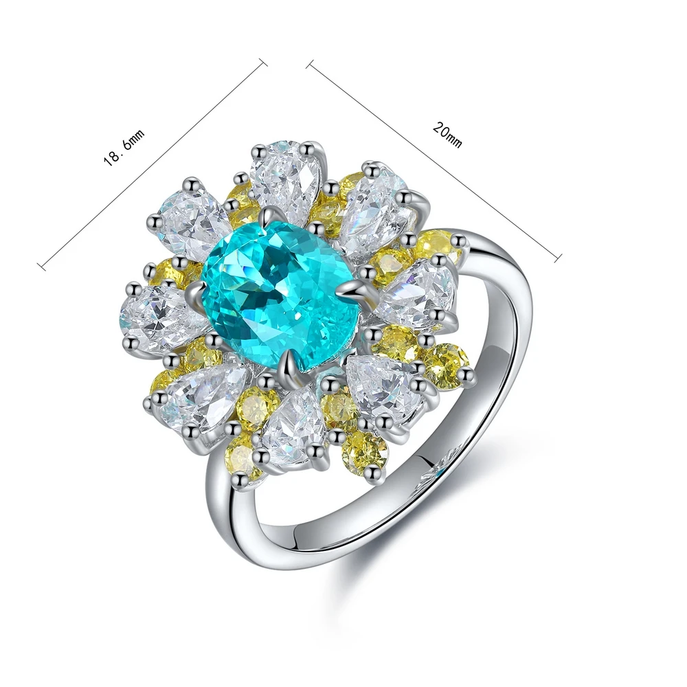 3ct Lab Grown Gemstone Neon Blue Paraiba Halo Ring Premium S925 Sterling Silver Halo Design Flower Luxurious Wedding Women Ring