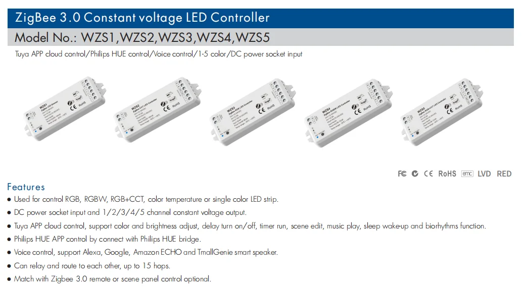 Светодиодный контроллер Tuya zigbee 12-36 В постоянного тока 2 канала 10 А таймер голосового управления Alexa диммер для одноцветной светодиодной ленты