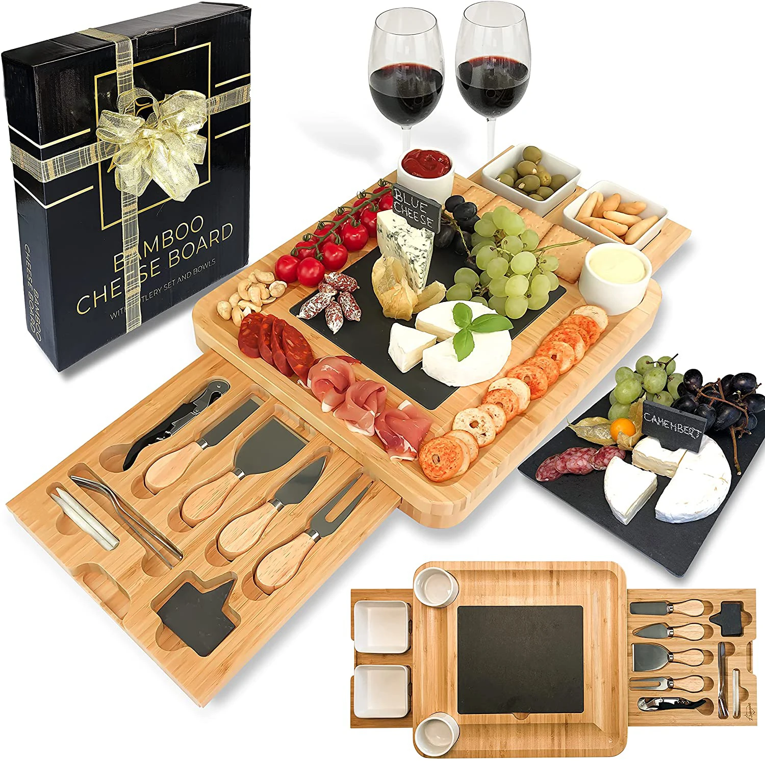 Набор из бамбуковой доски для сыра и ножей керамические чаши штопор вина 100% органический деревянный сервировочный поднос доска колбасных