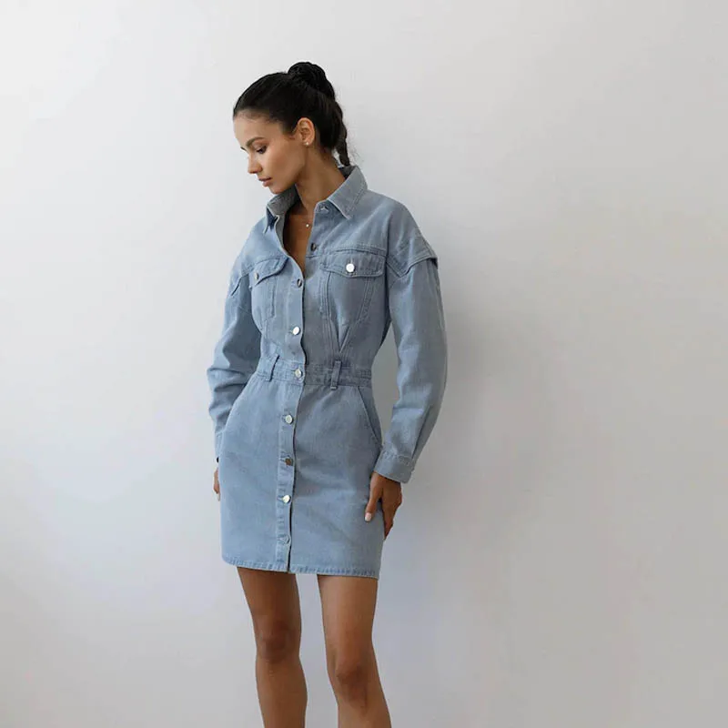2023 fashion Women casual long sleeve side pockets lapel mini denim dress