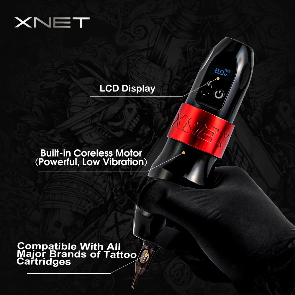 XNET Titan Powerful Coreless Motor LED Display Professional  Wireless Rotary Tattoo Machine Pen Set Kit With Cartridge Needle