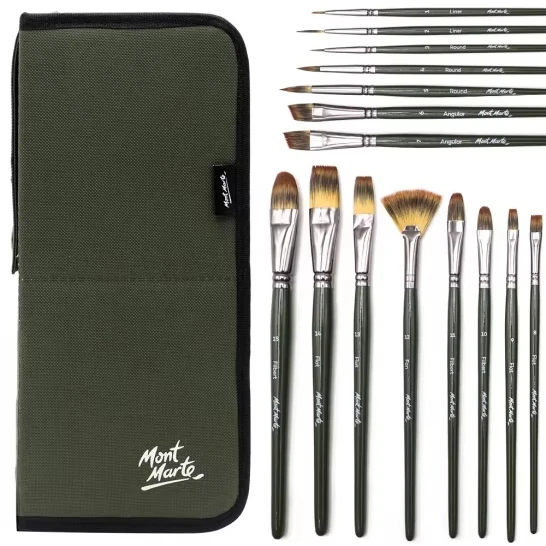 Mont Marte Artist Brush Set w/ Easel Wallet 17pc detail paint brush set